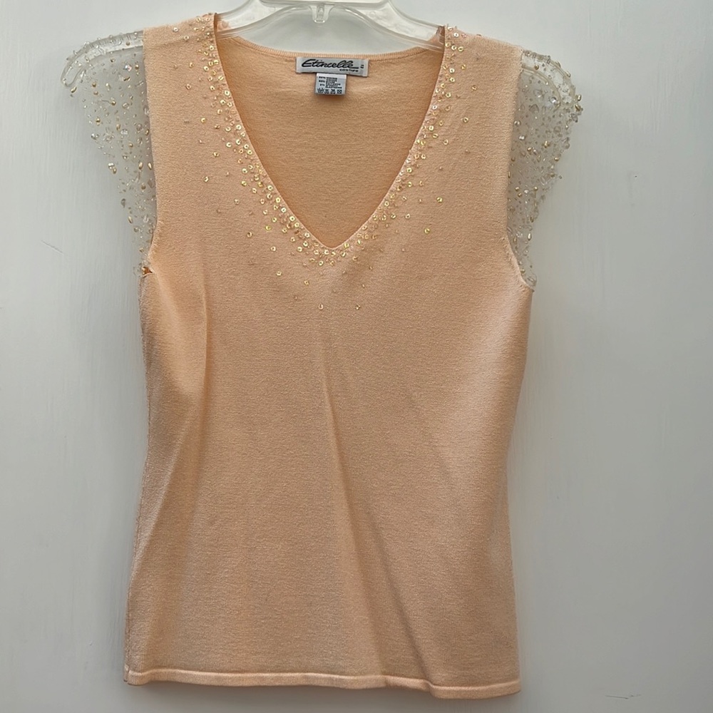 Etincelle Pastel Pink V neck Sequin Floating Pearl Beaded 90s Sleeveless Top
